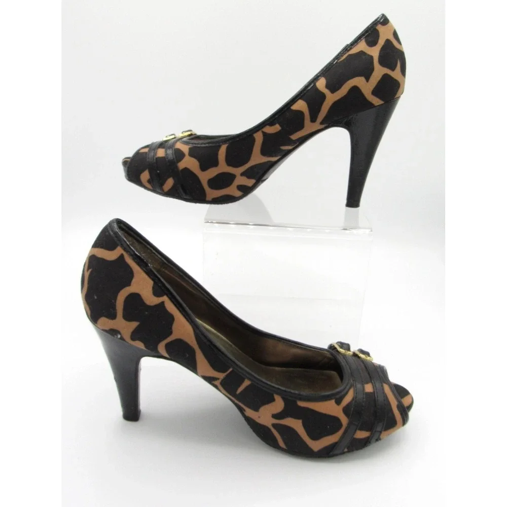 Candies Heels Brown & Black Leopard Fabric 3.5-Inch Heel Peep Toe Size 7M